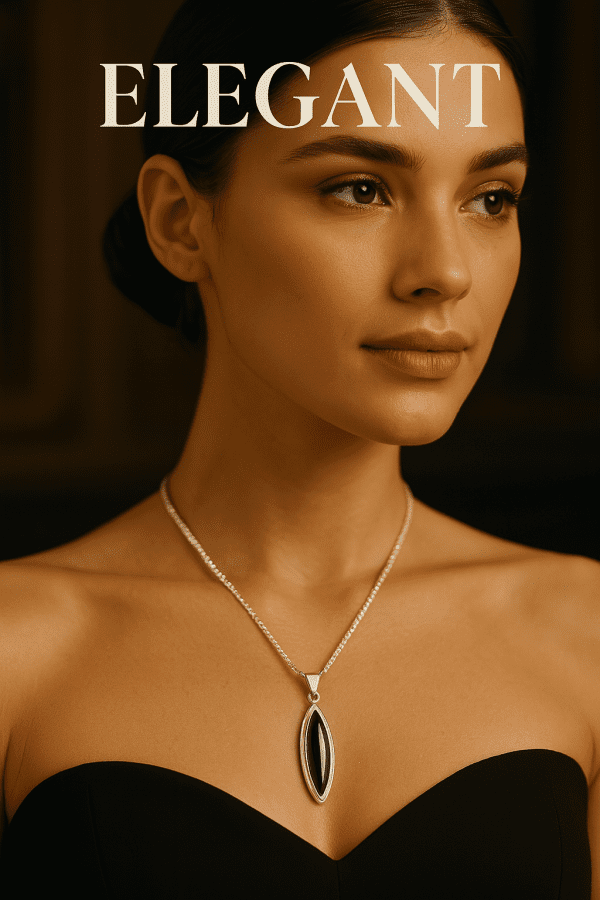 22” Sterling Silver Chain with Marquise Onyx Set in a Silver Pendant