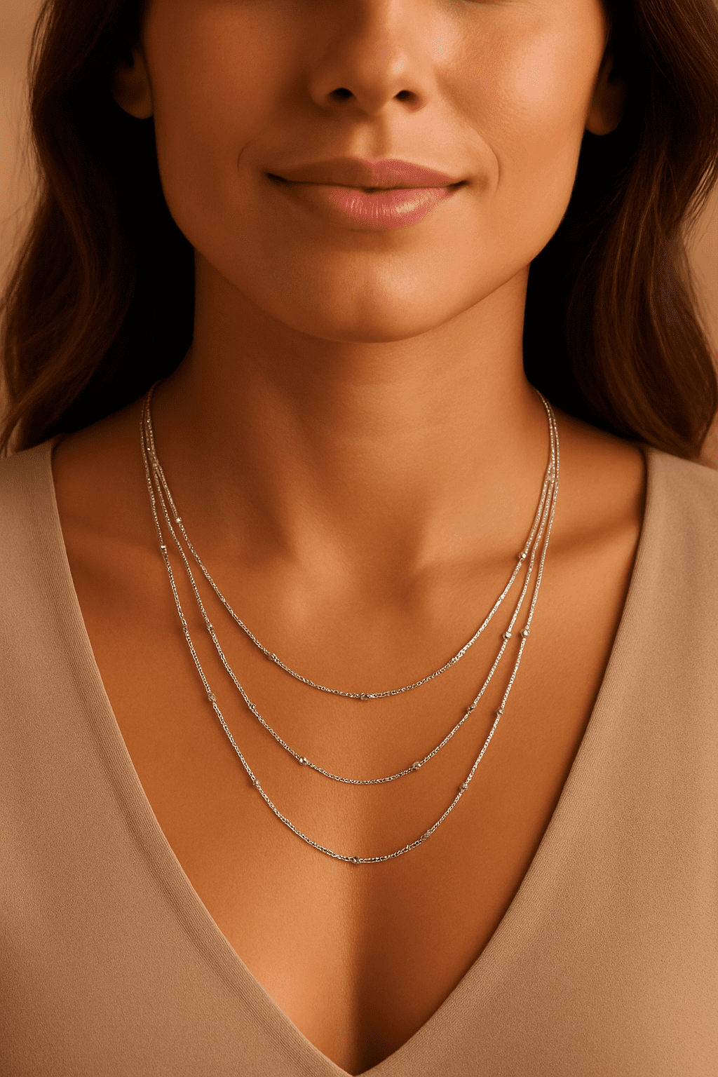 925 Sterling Silver Triple-Layer Beaded Necklace – 18" – 8.44g