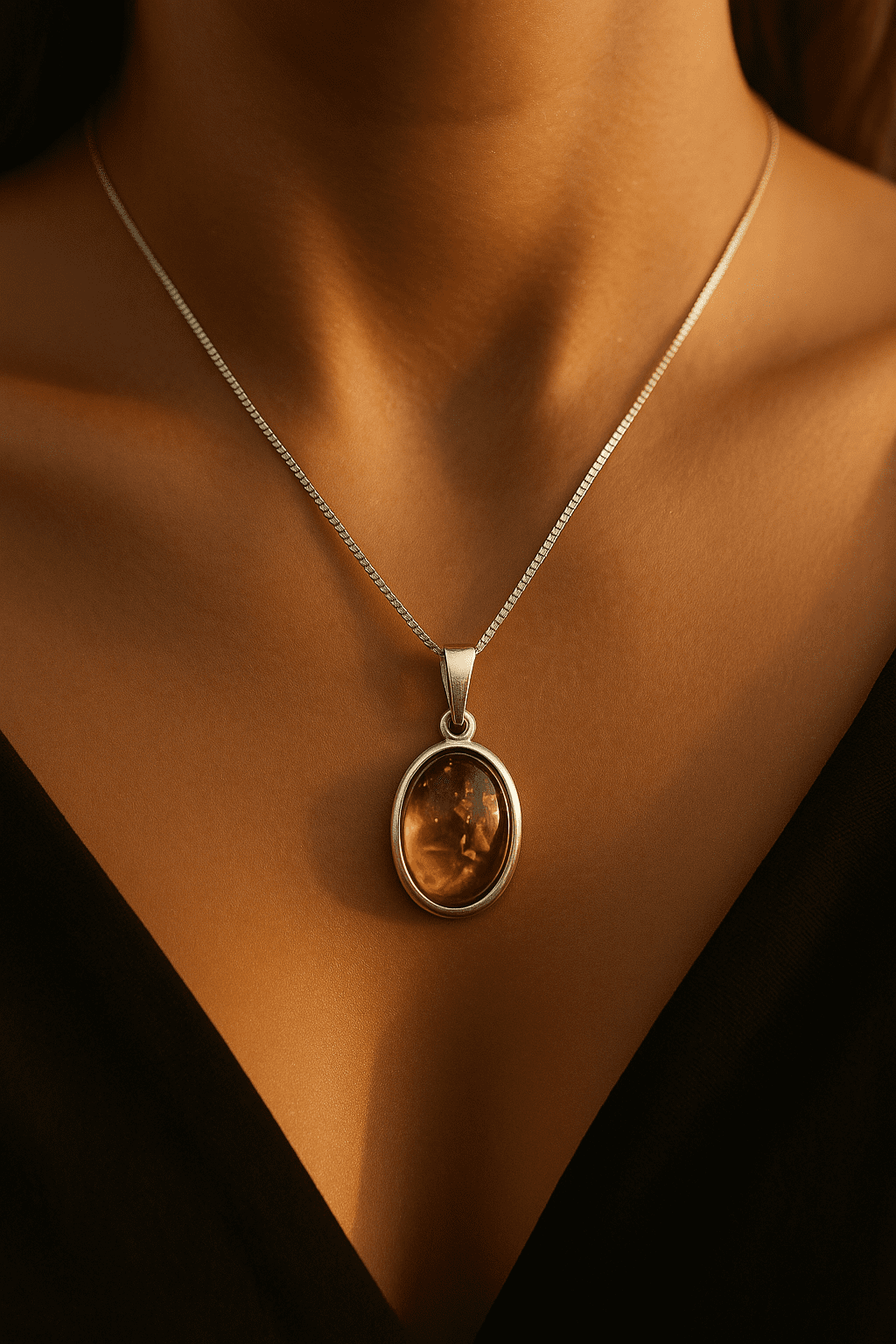 18" 925 Sterling Silver Fine Chain with 2cm Amber Pendant – 3.78g – Natural Baltic Amber Elegance