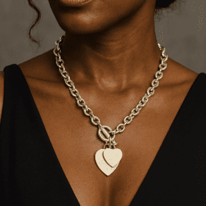 37g 925 Sterling Silver Chunky Link Necklace with Double Heart Pendant & T-Bar Clasp – 18” – Timeless Luxury