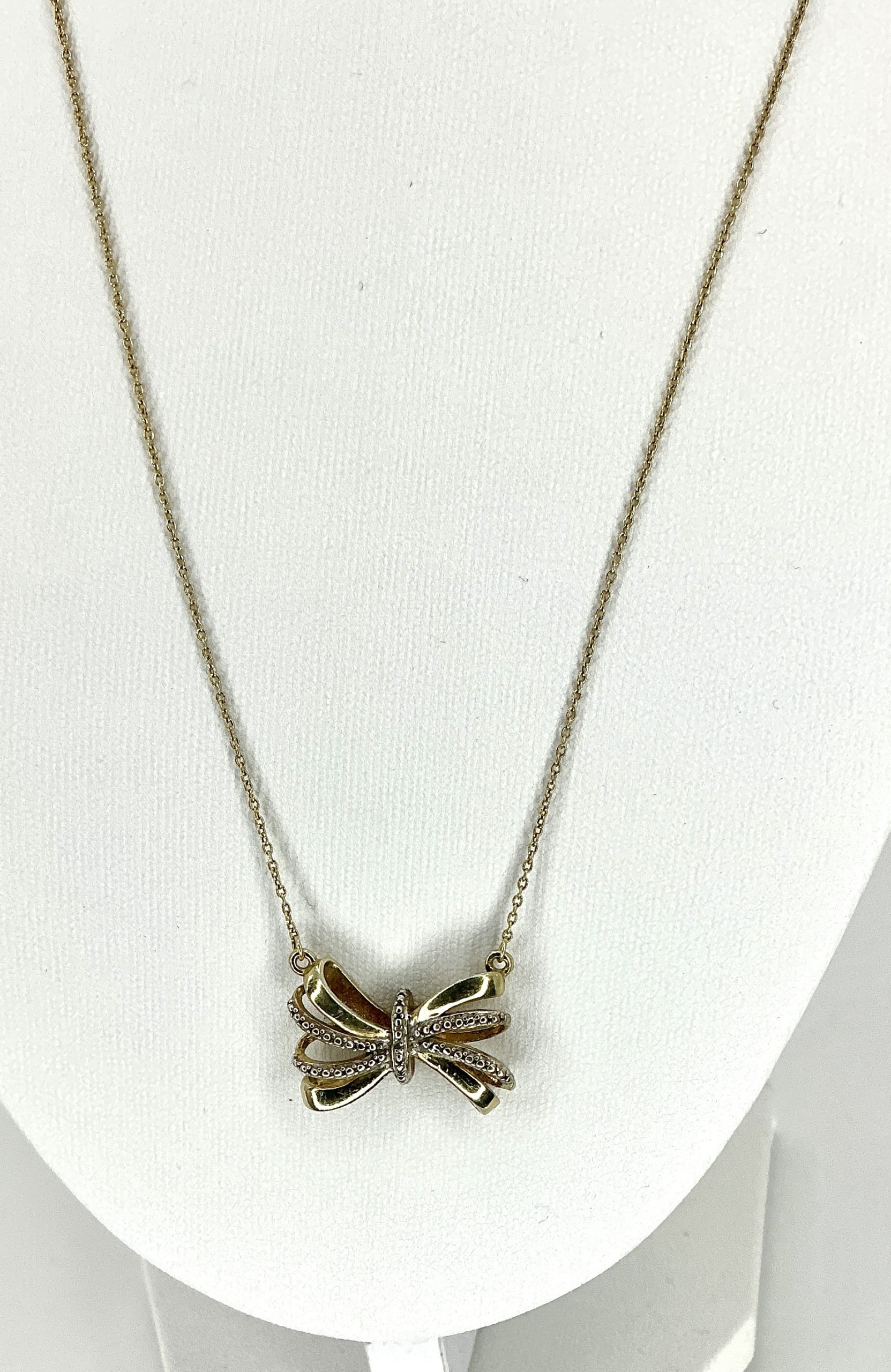 Gold-Plated 925 Sterling Silver Bow Pendant Necklace – 17" Fine Chain – 3.98g - Image 5