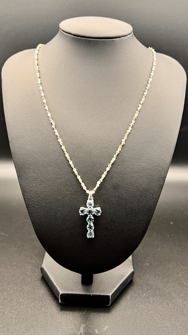 20” Sterling Silver necklace with Silver London blue topaz cross pendant - Image 2