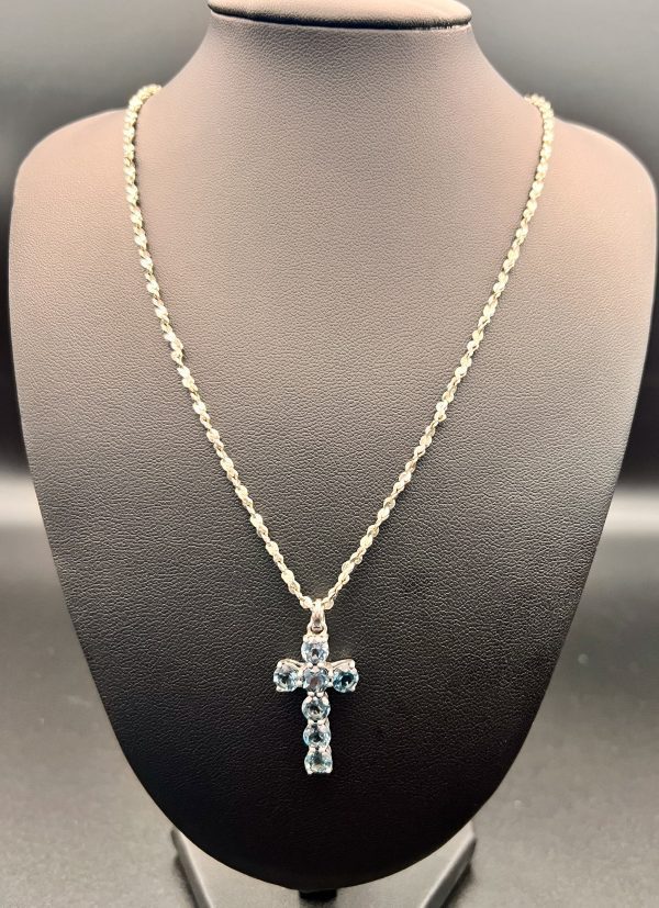 20” Sterling Silver necklace with Silver London blue topaz cross pendant - Image 4