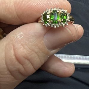 10ct Green Diopside & Diamond Cluster Ring - Size J / K