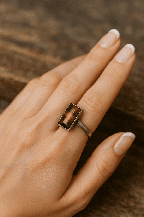 Luxury Sterling Silver Tiger’s Eye Ring – Rectangular Cut – 2.1g – Size K/L (Resizable) - Image 11