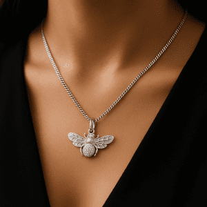 Sterling Silver Honey Bee Pendant Necklace with Cubic Zirconia – 18″ Italian Silver Chain (4.51g)