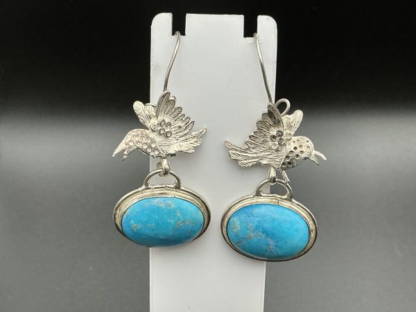 Vintage turquoise drop earrings with sterling silver birds - Image 3