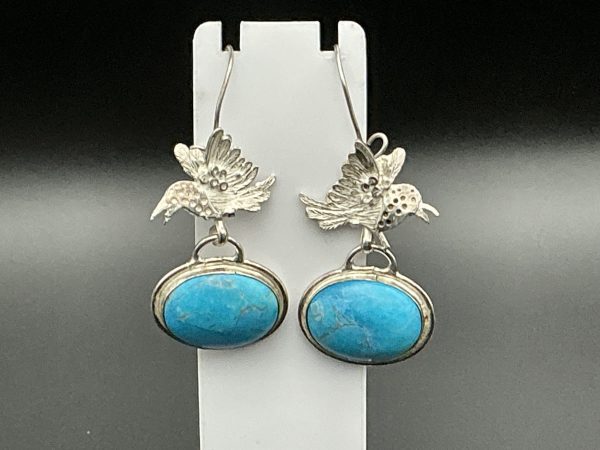 Vintage turquoise drop earrings with sterling silver birds