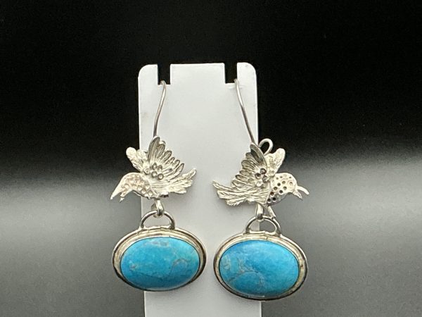Vintage turquoise drop earrings with sterling silver birds - Image 2