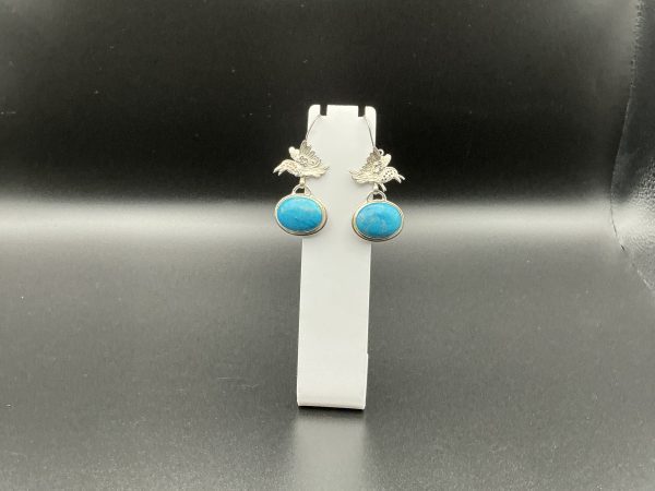 Vintage turquoise drop earrings with sterling silver birds - Image 4