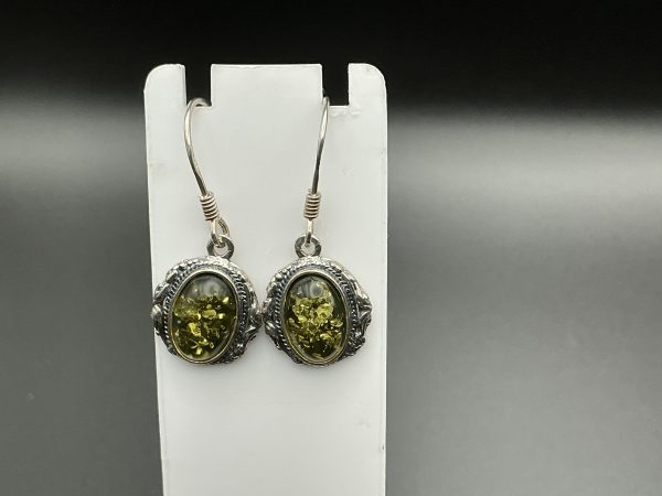 Natural green amber drop earrings encased in Silver - Image 2