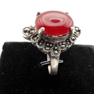 Vintage Sterling Silver Red Coral & Marcasite Statement Ring – Size M/N – 6.6g