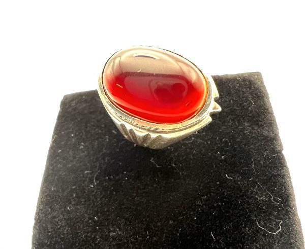Natural Yemeni Deep Red Aqeeq Sterling Silver 925 vintage Red Agate Mens Ring - Image 2