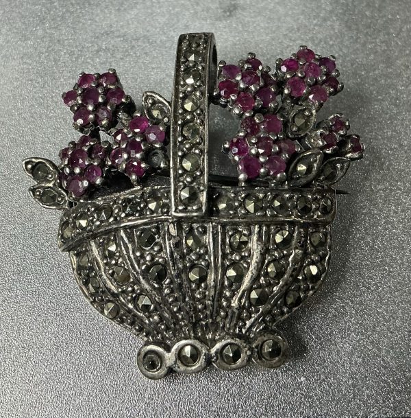 Antique silver Ruby and Marcasite brooch