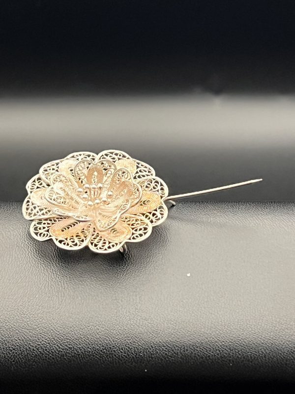 Sterling silver filigree floral brooch