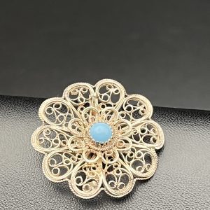 Antique filigree and turquoise sterling silver floral brooch