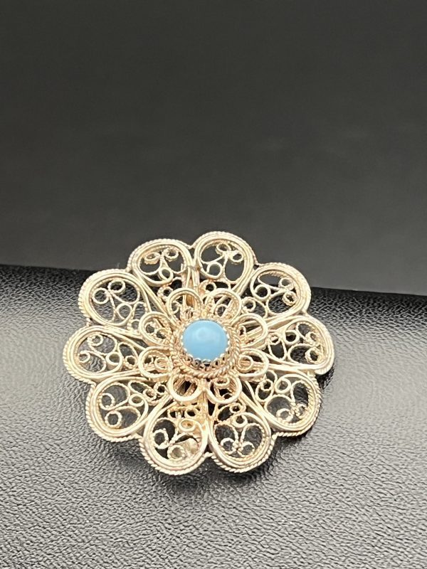 Antique filigree and turquoise sterling silver floral brooch