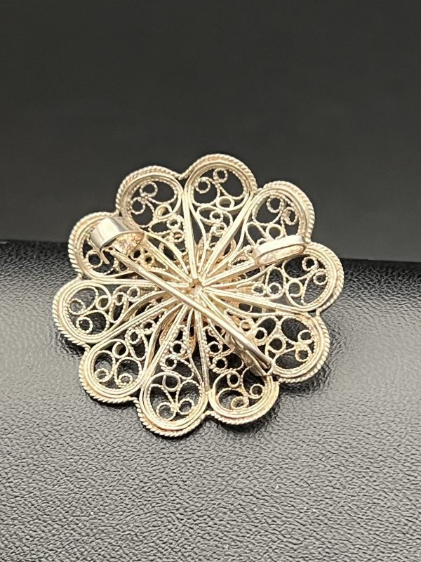 Antique filigree and turquoise sterling silver floral brooch - Image 2