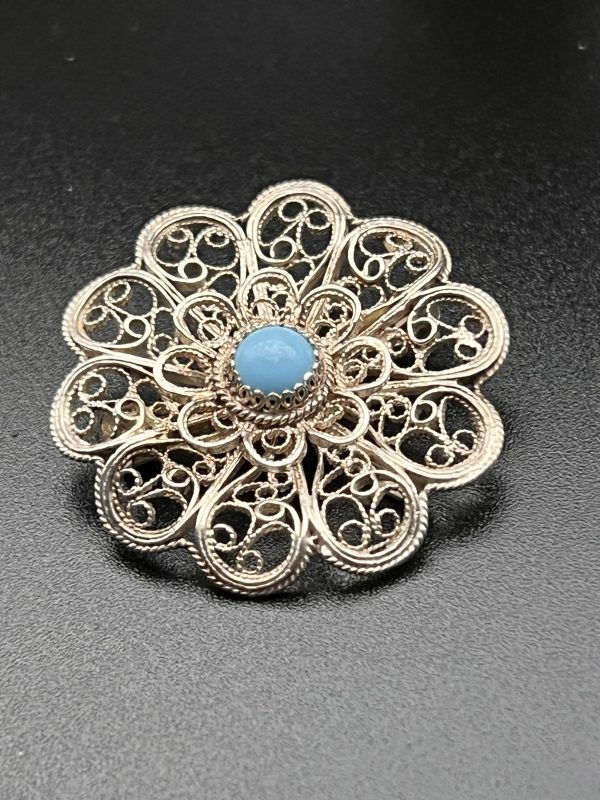 Antique filigree and turquoise sterling silver floral brooch - Image 3