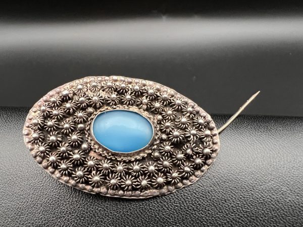 Textured marcasite turquoise brooch 900 sliver