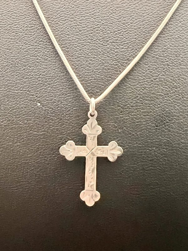 18” Sterling Silver snake chain with vintage silver cross - Image 2