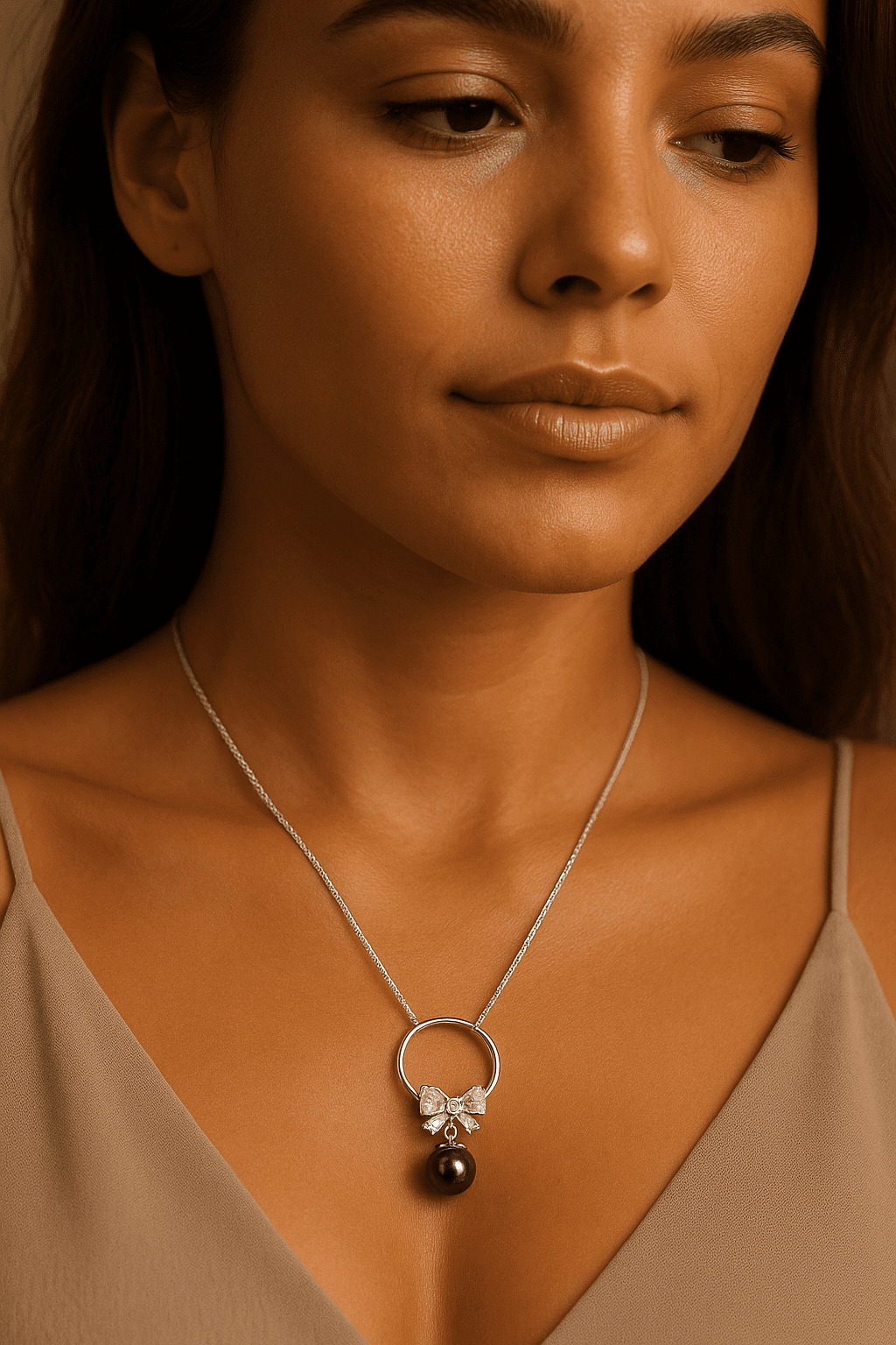 925 Sterling Silver Bow Pendant with Black Pearl & CZ – Maker DJoy – 16.5" Chain – 5.22g