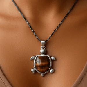 22" Oxidised 925 Silver Chain with Tiger’s Eye Turtle Pendant – 13g