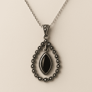 Vintage Sterling Silver Marcasite & Onyx Teardrop Pendant – 5.21g