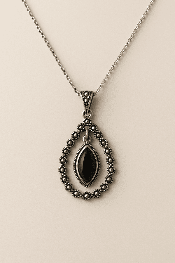 Vintage Sterling Silver Marcasite & Onyx Teardrop Pendant – 5.21g