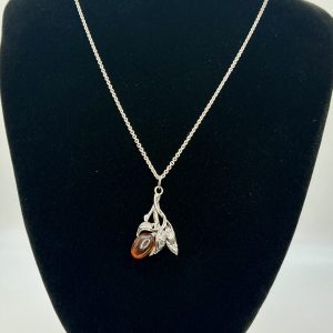 Vintage 925 Silver Amber Art Nouveau Style Pendant on 18" Chain – 5.78g