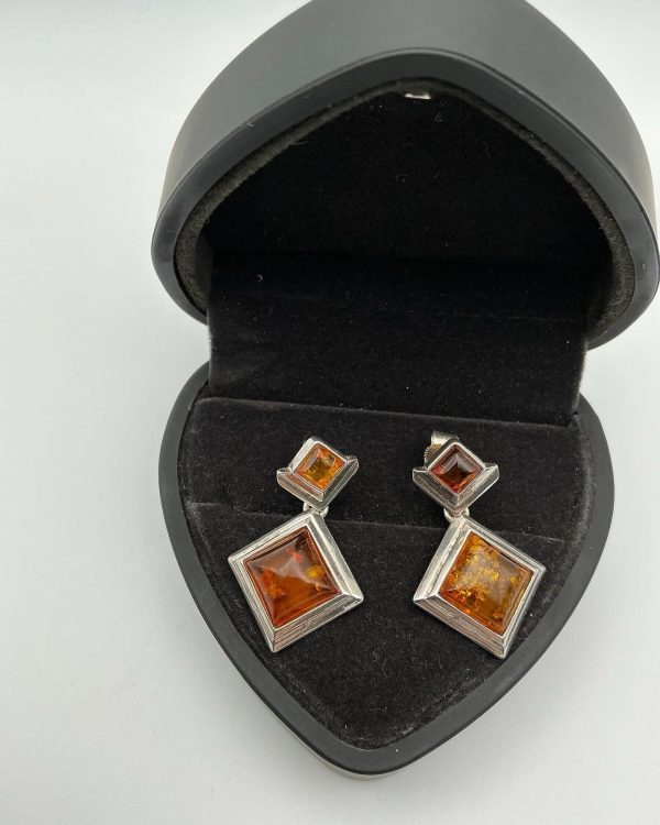 Sterling Silver Geometric Drop Earrings with Baltic Amber – Modern Art Deco Style - Image 6