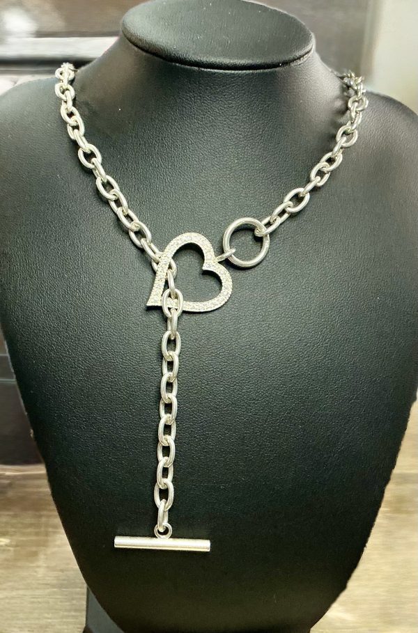 16” Silver tea bar with heart shaped pendant  necklace