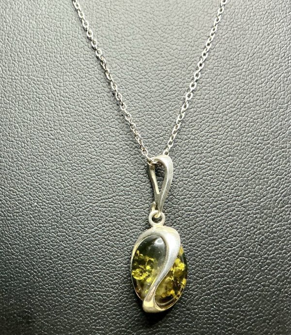 18” Sterling silver necklace with green amber pendant - Image 2
