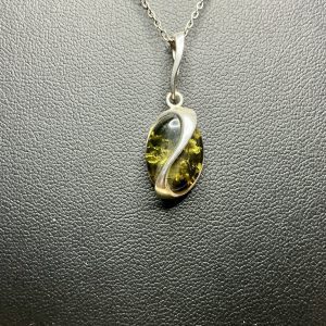 18” Sterling silver necklace with green amber pendant