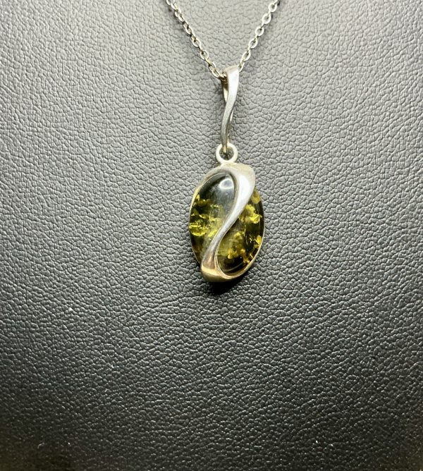18” Sterling silver necklace with green amber pendant