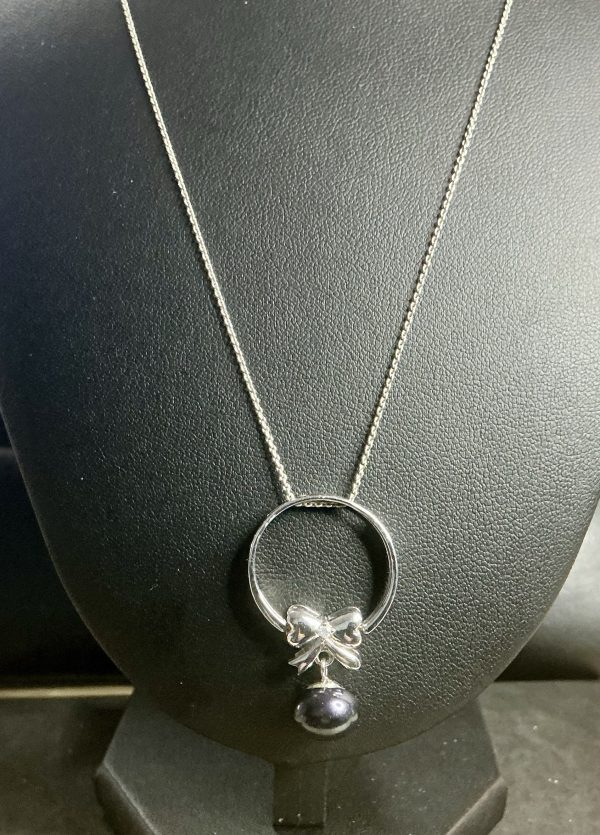 16” Silver bow necklace with black pearl and CZ stones - Image 2