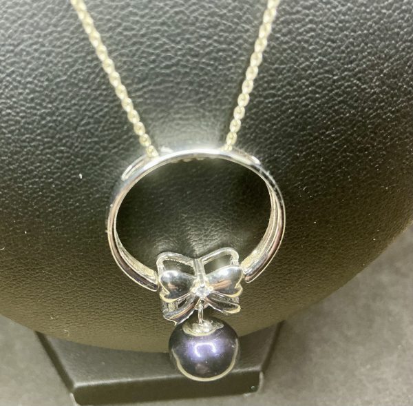 16” Silver bow necklace with black pearl and CZ stones - Image 4