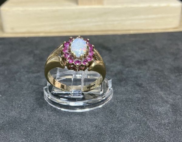9 carat gold opal and red ruby halo ring - Image 2