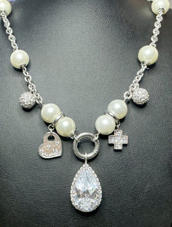 Ti Sento Milan large heavy Silver CZ and faux pearl necklace