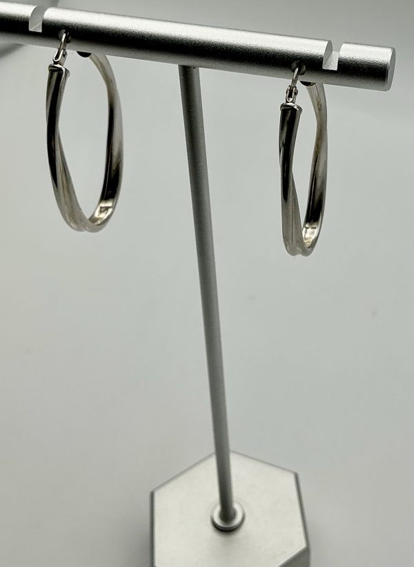 Silver twisted oval hoop earrings - Image 2