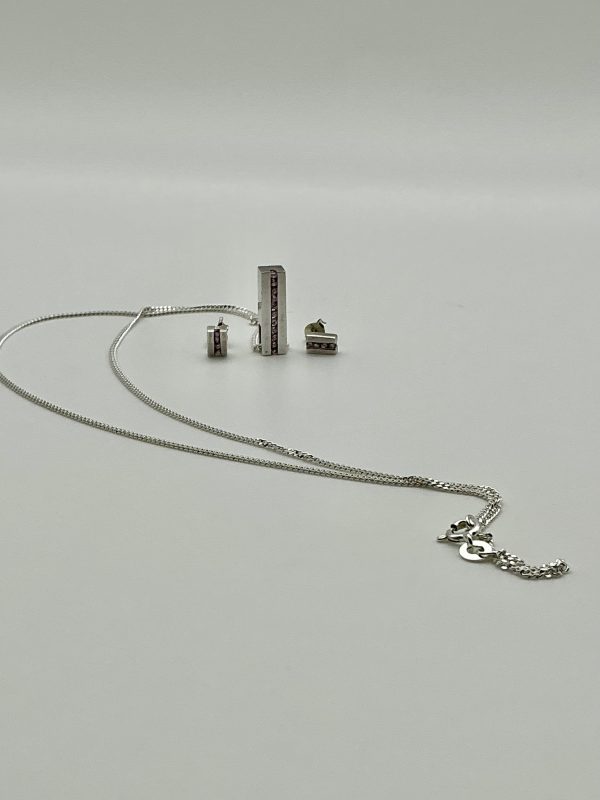 925 Sterling Silver Pendant & Earring Set with Pink CZ – 20” Chain – 6.69g – Elegant Modern Design - Image 4