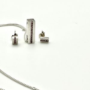 925 Sterling Silver Pendant & Earring Set with Pink CZ – 20” Chain – 6.69g – Elegant Modern Design