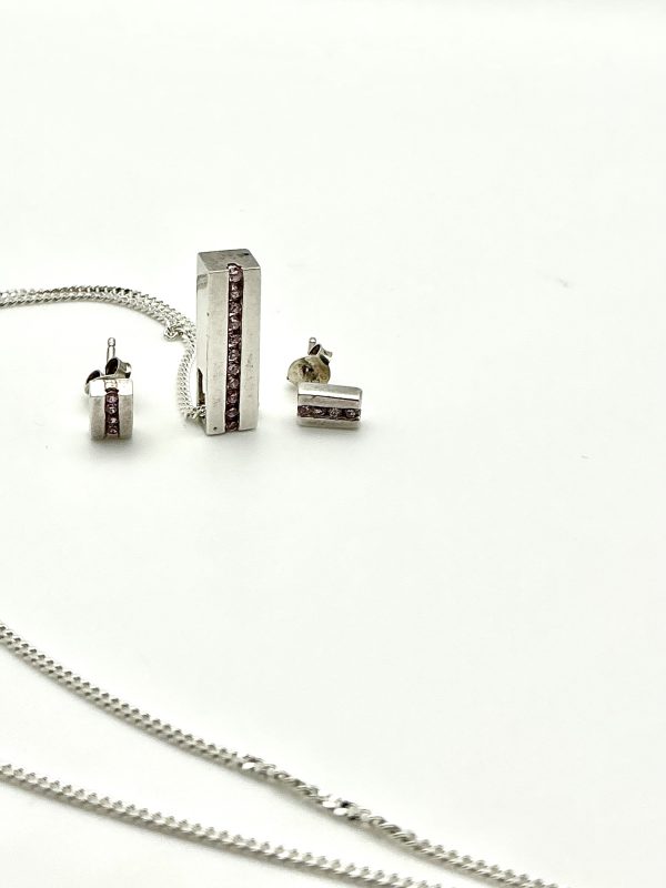 925 Sterling Silver Pendant & Earring Set with Pink CZ – 20” Chain – 6.69g – Elegant Modern Design