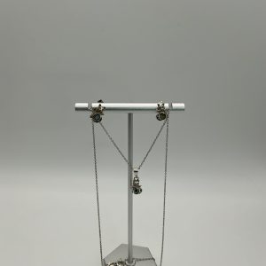 925 Sterling Silver Kitty Necklace & Earring Set with Abalone Inlay – 16” Chain – 4.62g – Playful & Elegant