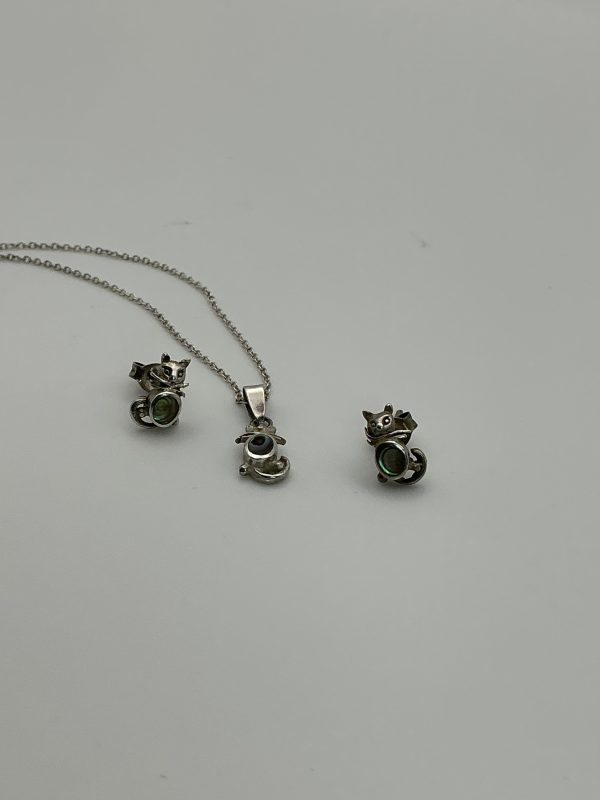 925 Sterling Silver Kitty Necklace & Earring Set with Abalone Inlay – 16” Chain – 4.62g – Playful & Elegant - Image 5