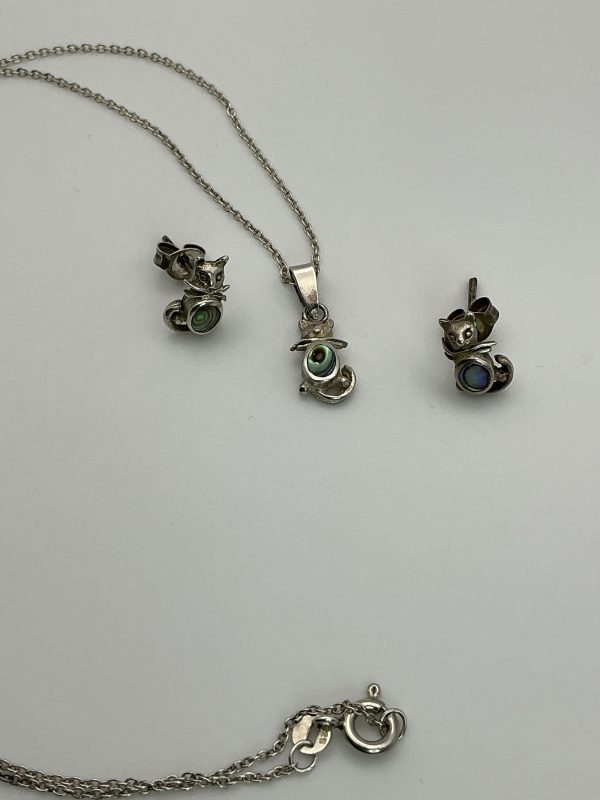 925 Sterling Silver Kitty Necklace & Earring Set with Abalone Inlay – 16” Chain – 4.62g – Playful & Elegant - Image 2