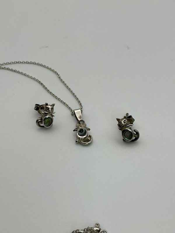 925 Sterling Silver Kitty Necklace & Earring Set with Abalone Inlay – 16” Chain – 4.62g – Playful & Elegant - Image 3