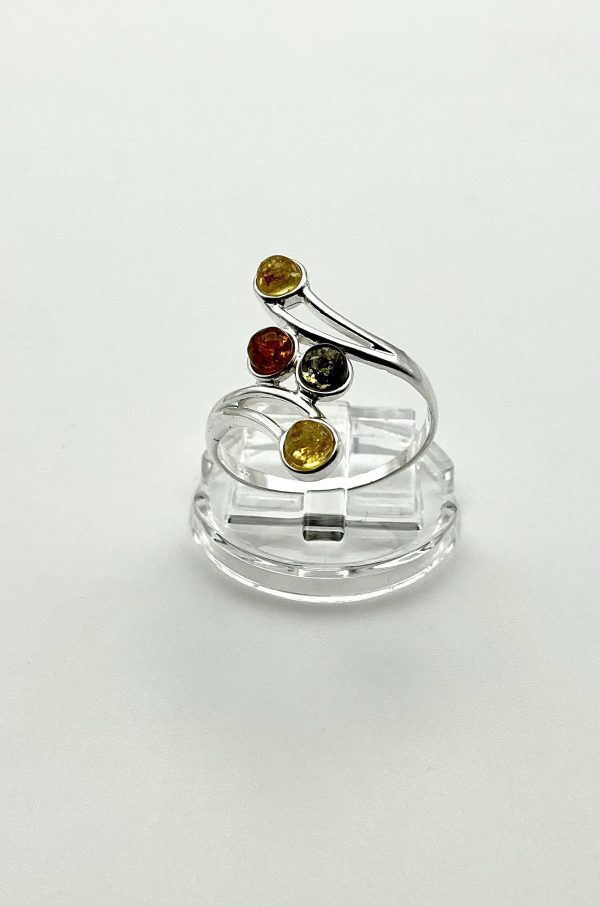 Sterling Silver Ring with Cognac, Green & Honey Amber – Four-Stone Bypass Design - Image 3