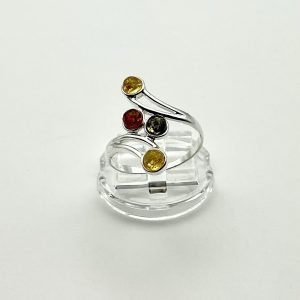 Sterling Silver Ring with Cognac, Green & Honey Amber – Four-Stone Bypass Design
