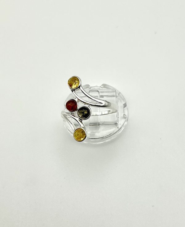 Sterling Silver Ring with Cognac, Green & Honey Amber – Four-Stone Bypass Design - Image 2
